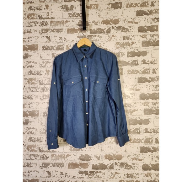 Lauren Ralph Lauren Tops - Ralph Lauren Shirt Womens Large Blue Linen Long Sleeve Button Up Beachy Coastal